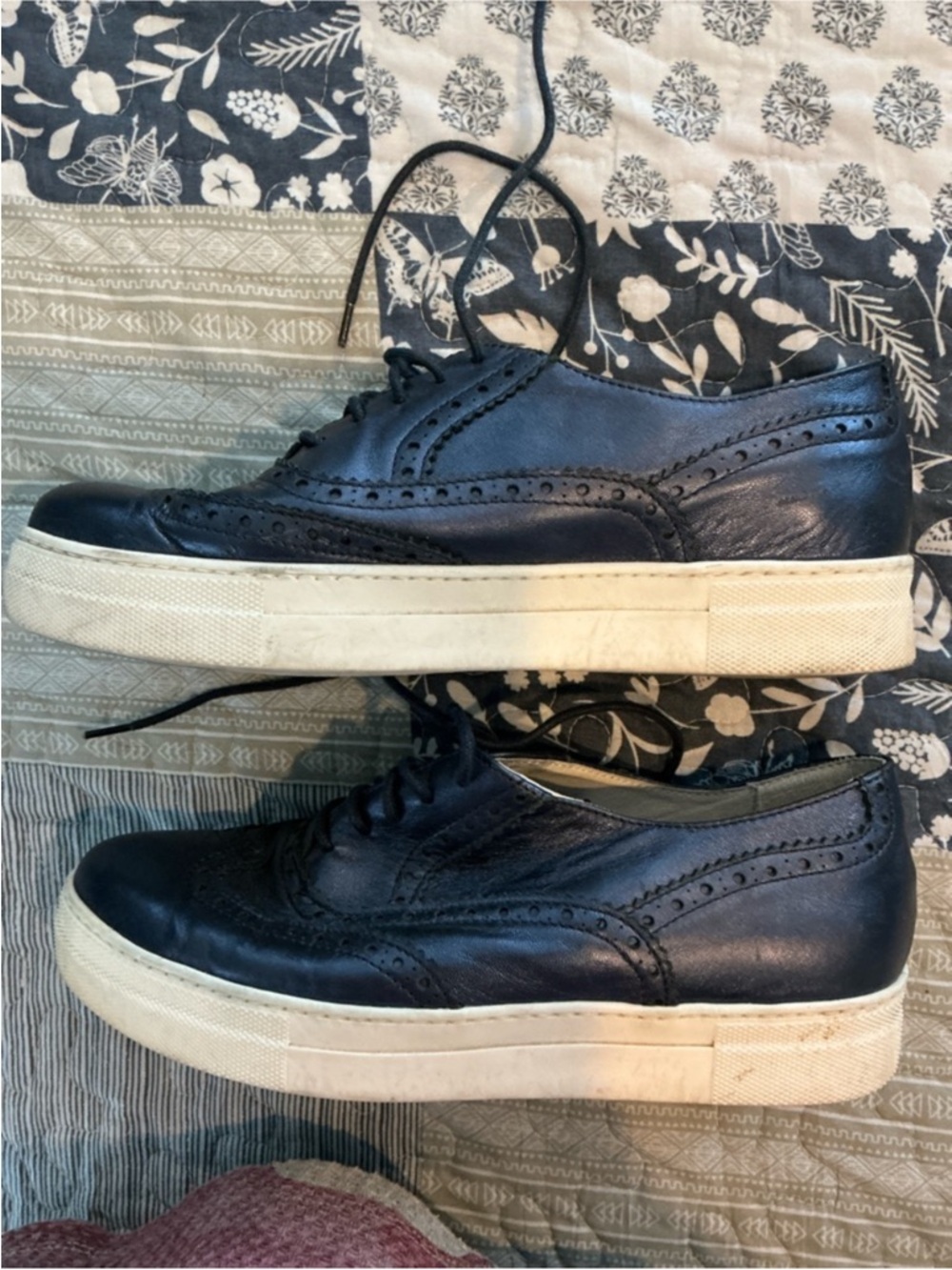 Dune London Navy Leather Platform Brogue Slip-Ons